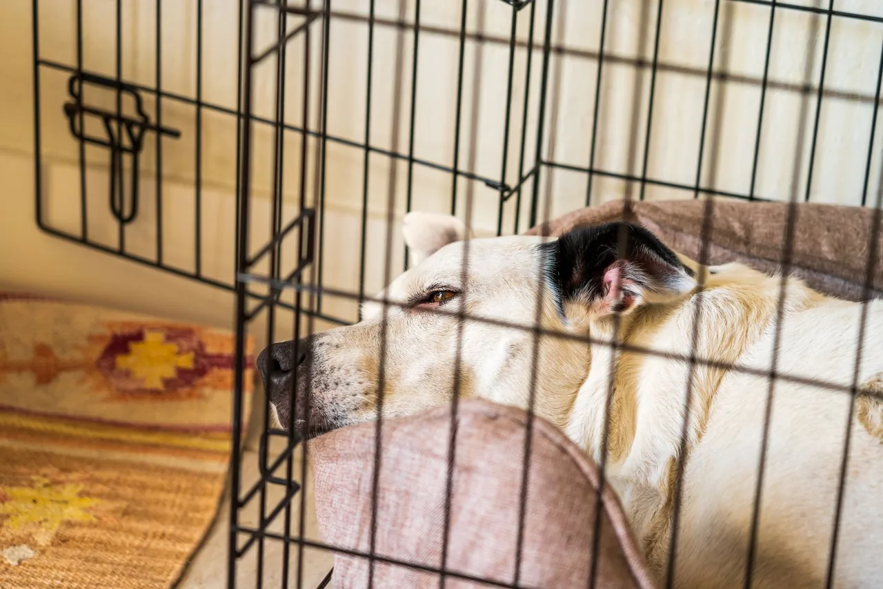 A dog resting on a cushion inside a wire crate with the door open.