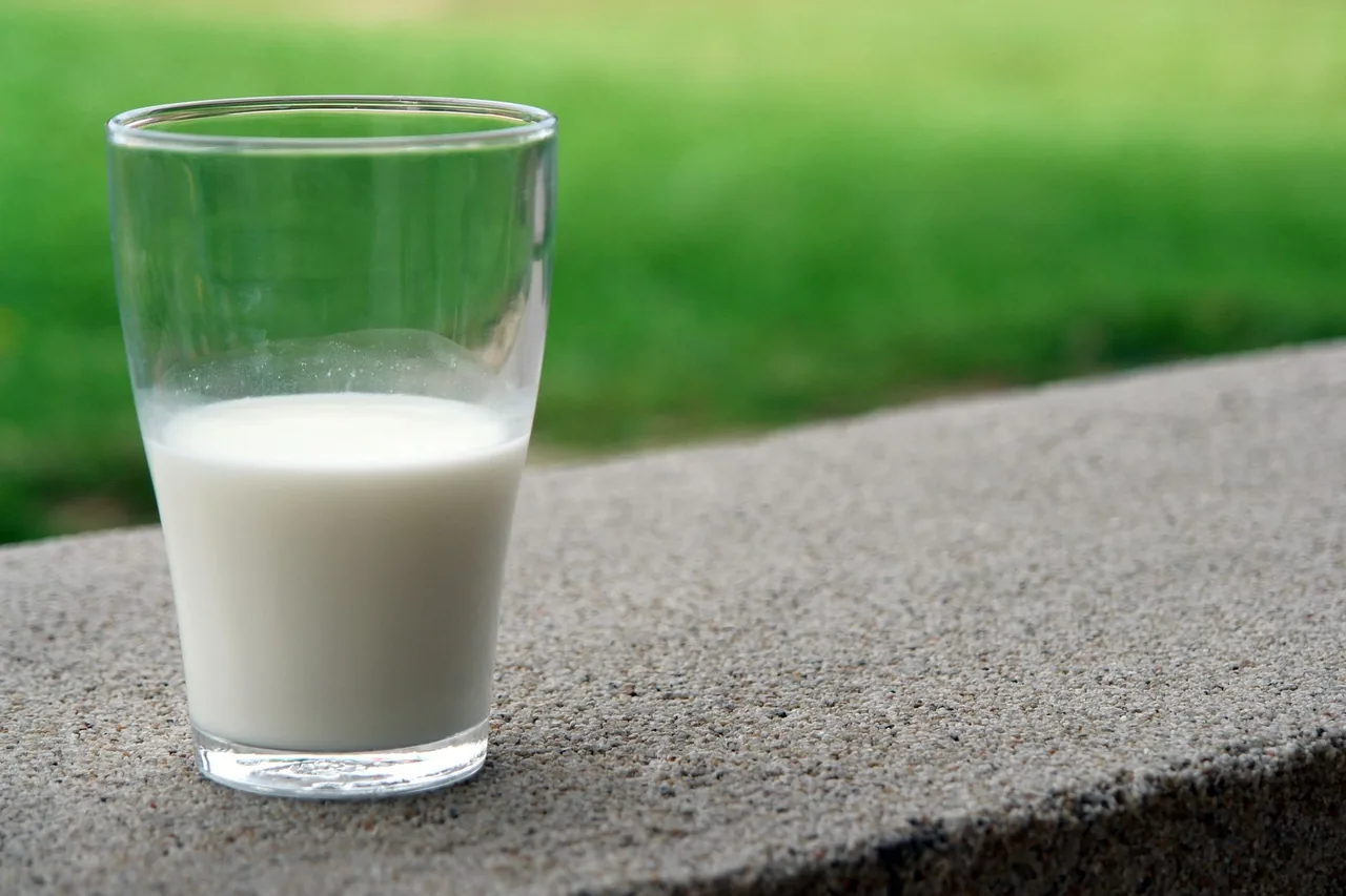 A glass of milk on a stone ledge outdoors.