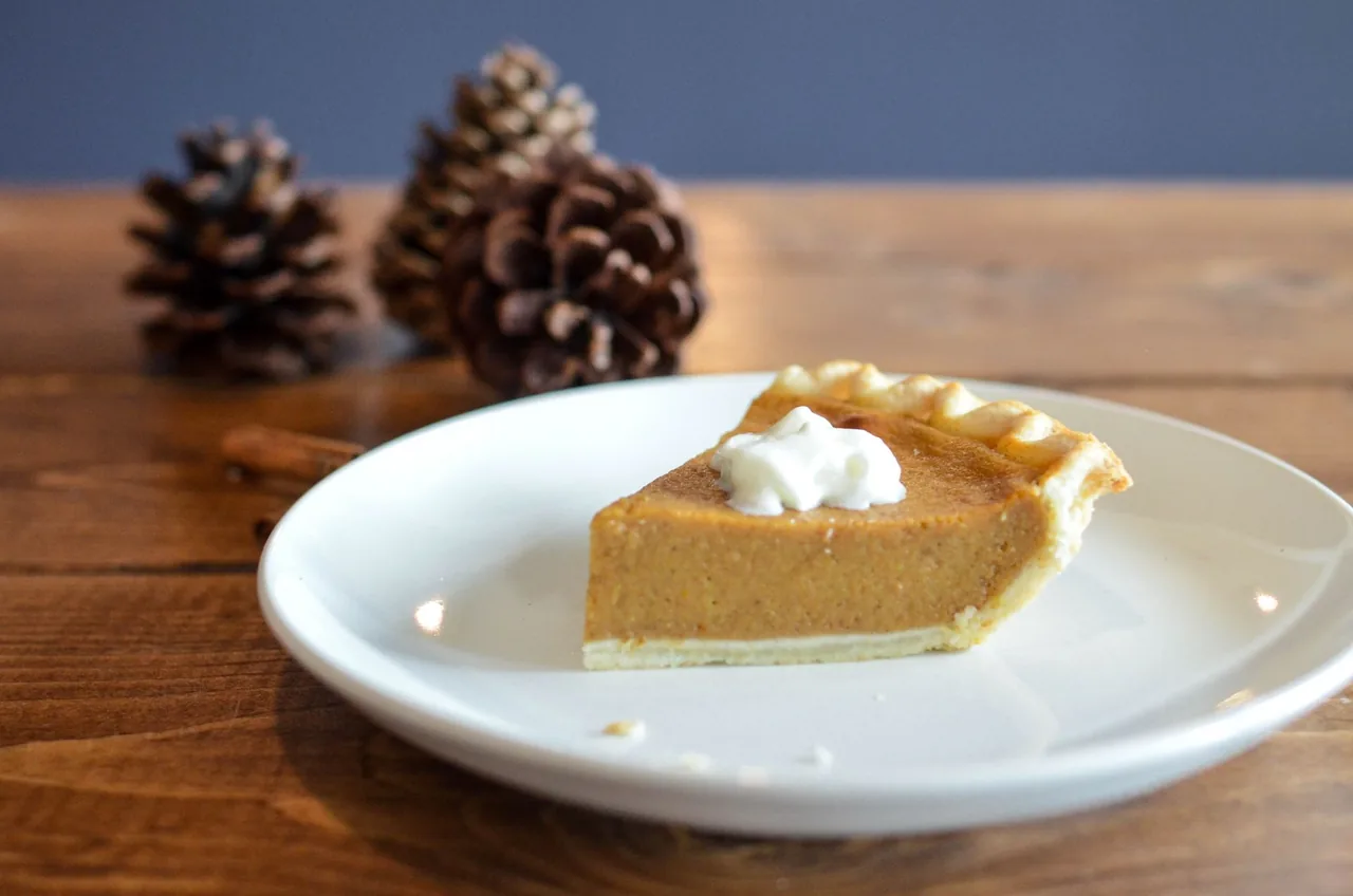 A slice of pumpkin pie topped with a dollop of whipped cream on a white plate, with pine cones on a wooden table behind it.