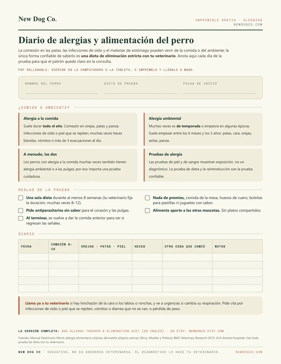 Diario de alergias y alimentación del perro: vista previa del PDF imprimible