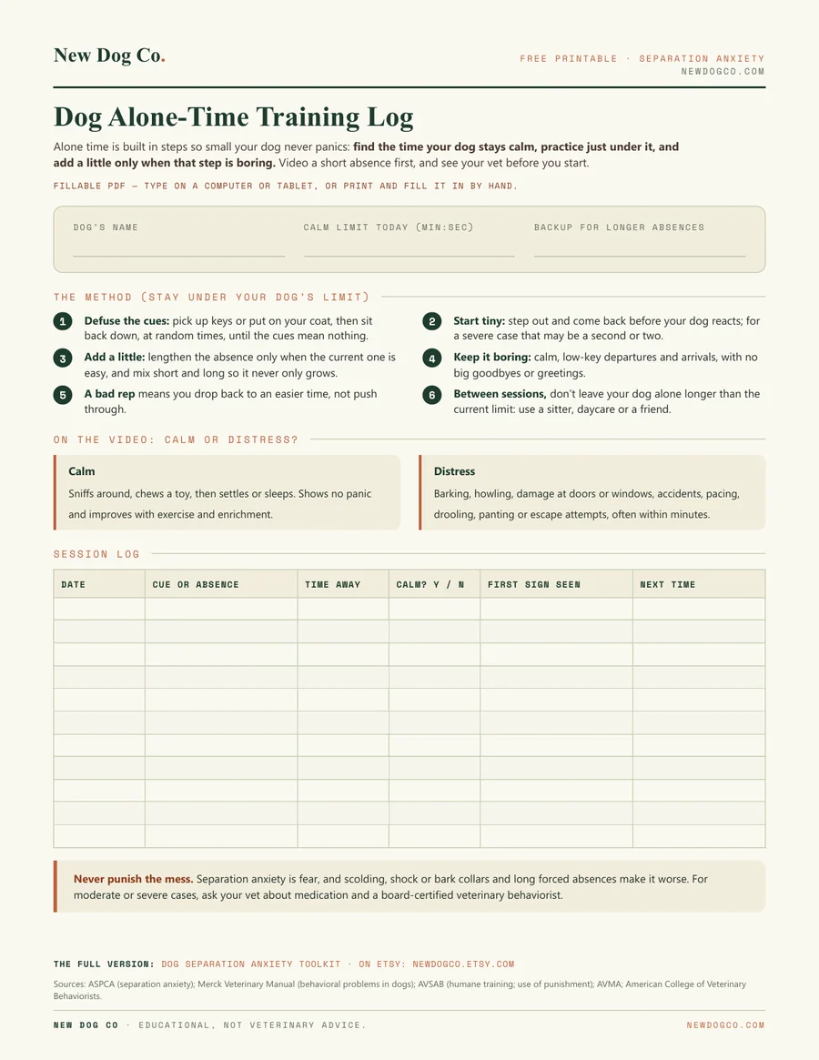 Dog Alone-Time Training Log — free printable PDF preview