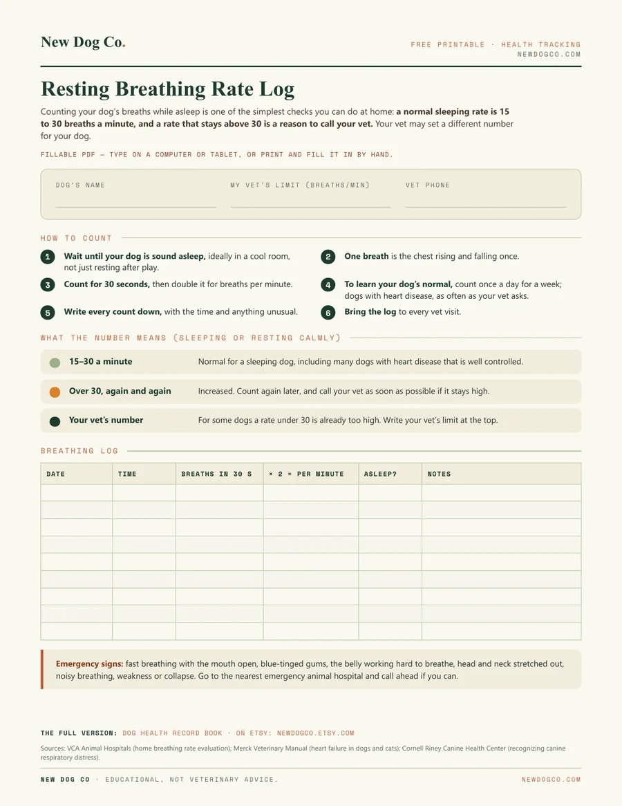 Resting Breathing Rate Log — free printable PDF preview