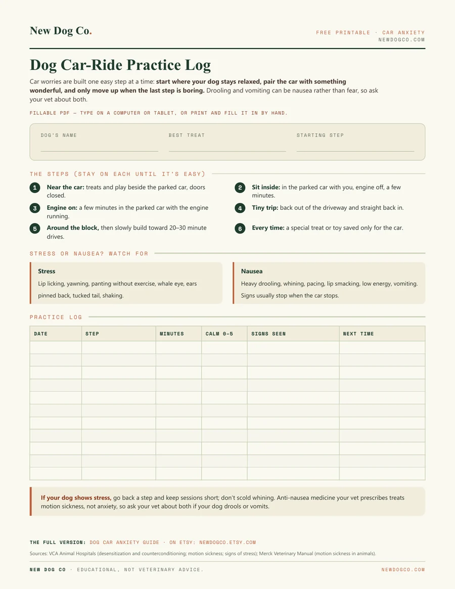 Dog Car-Ride Practice Log — free printable PDF preview