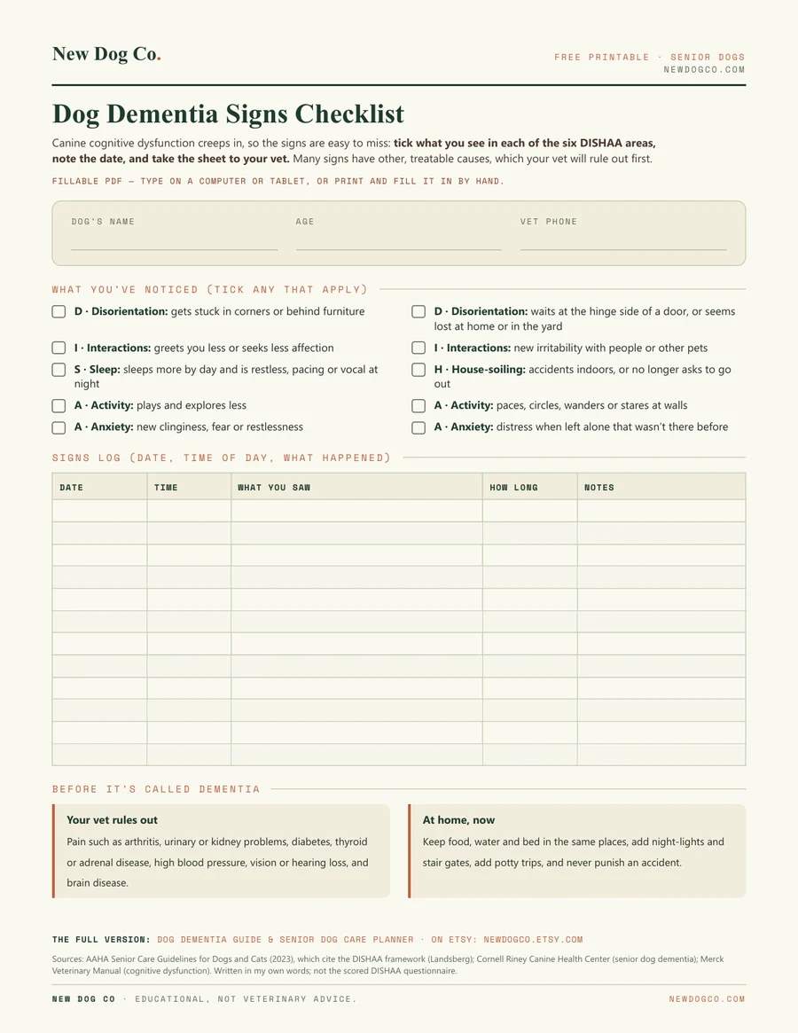 Dog Dementia Signs Checklist — free printable PDF preview