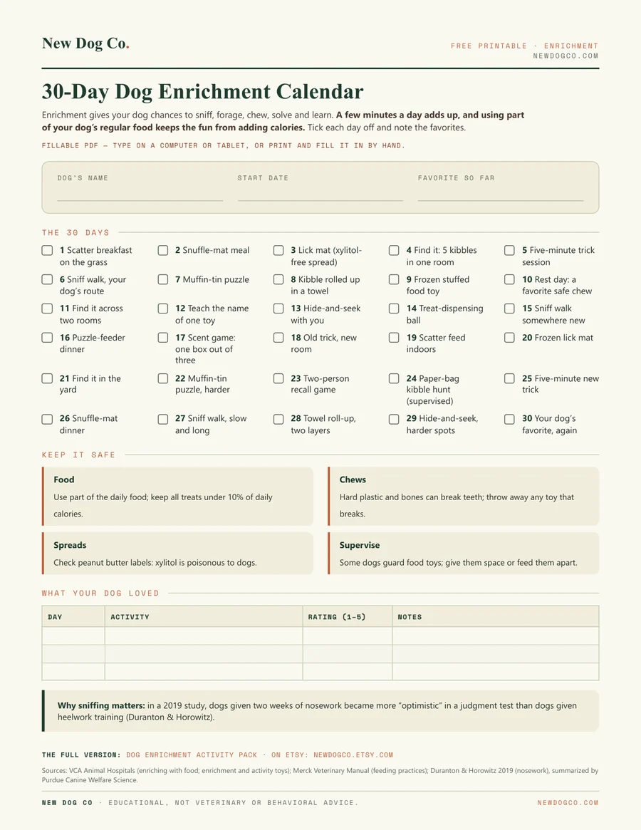 30-Day Dog Enrichment Calendar — free printable PDF preview
