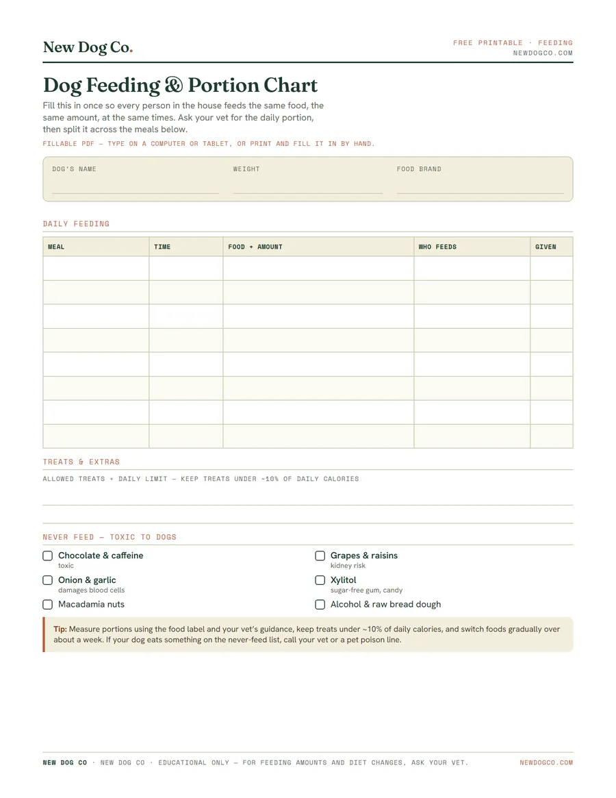 Dog Feeding & Portion Chart — free printable PDF preview