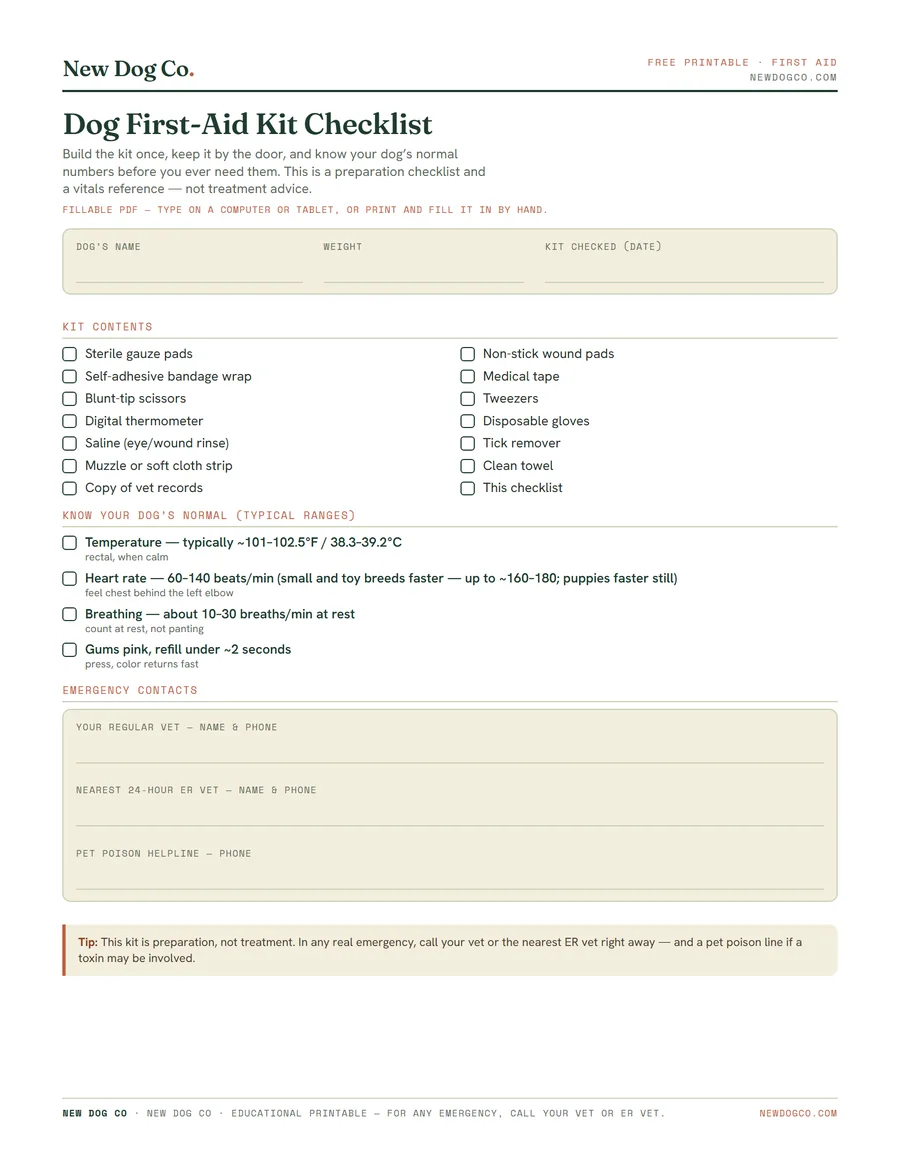 Dog First-Aid Kit Checklist — free printable PDF preview
