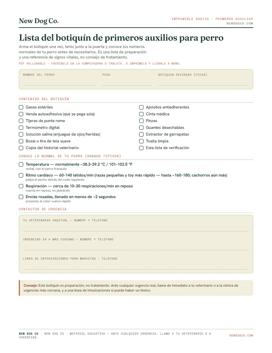 Lista del botiquín de primeros auxilios para perro — vista previa del PDF imprimible