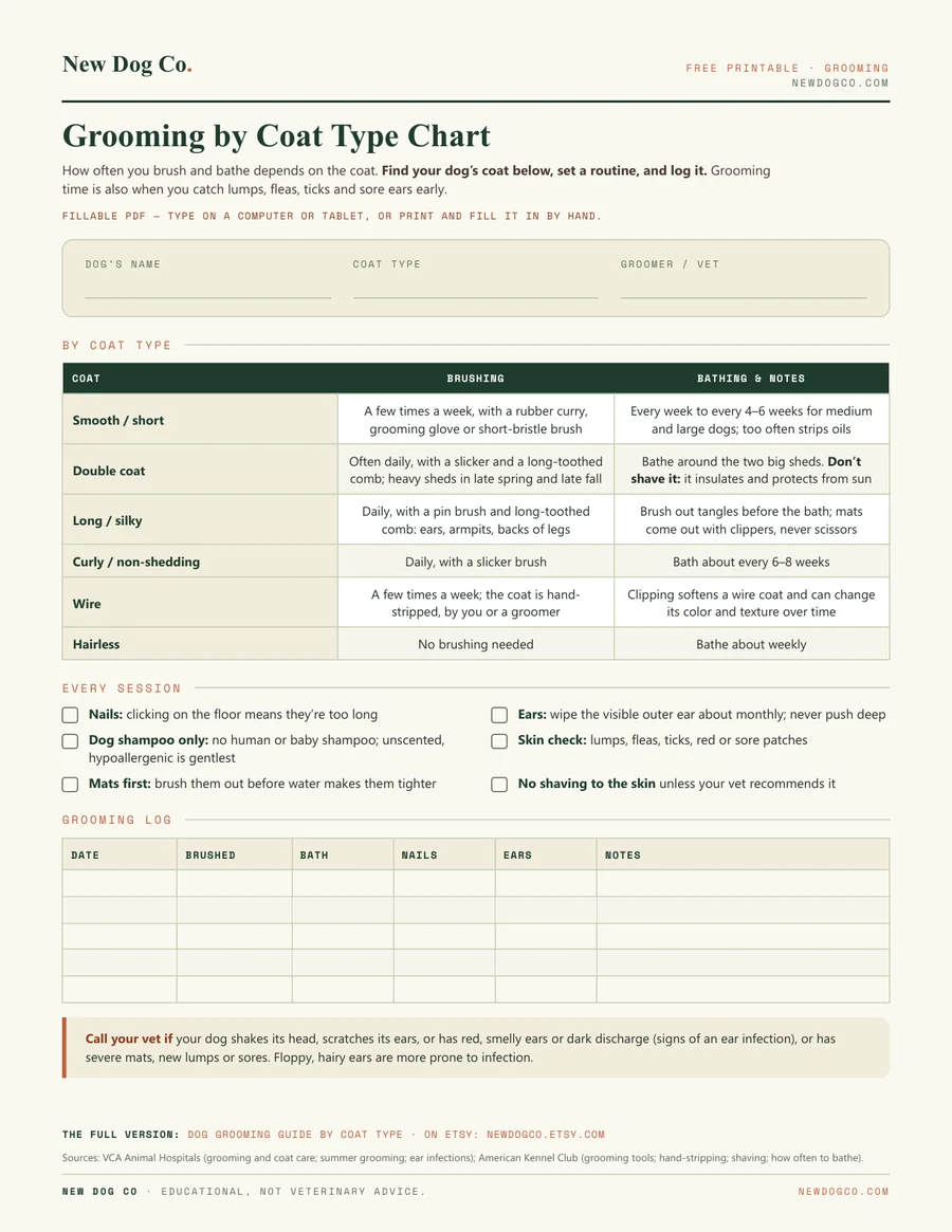 Grooming by Coat Type Chart — free printable PDF preview