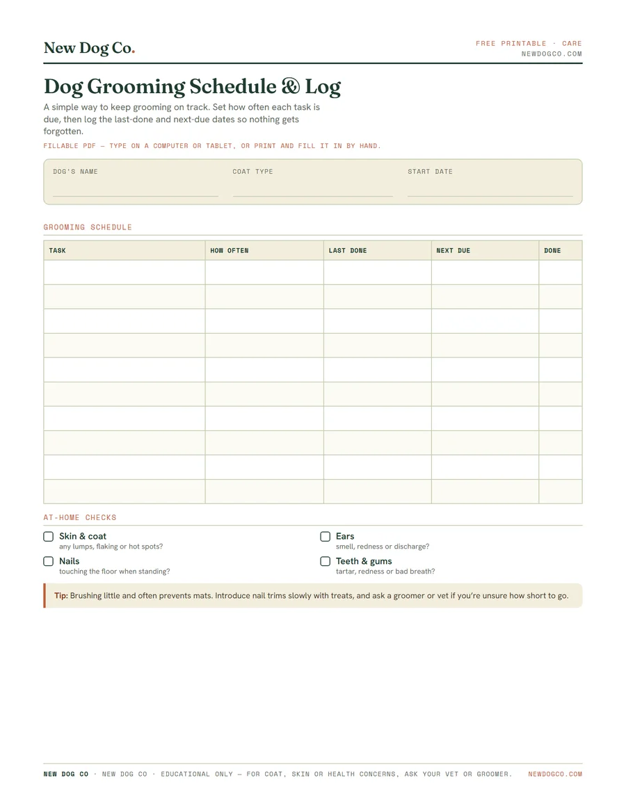 Dog Grooming Schedule & Log — free printable PDF preview