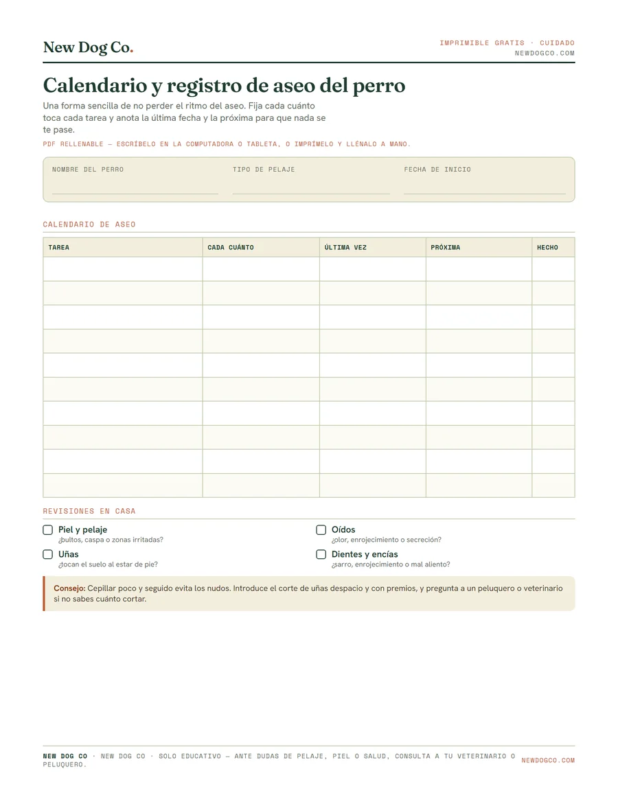 Calendario y registro de aseo del perro — vista previa del PDF imprimible