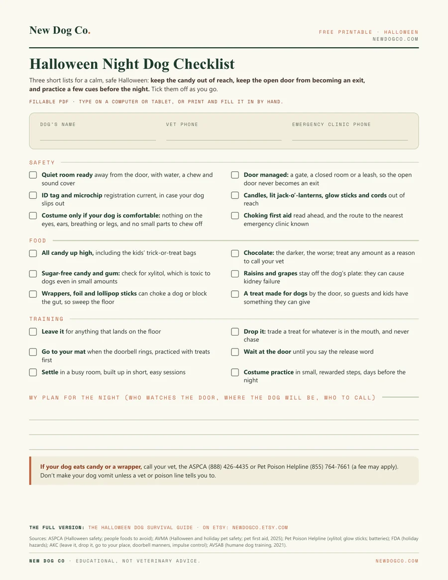 Halloween Night Dog Checklist — free printable PDF preview