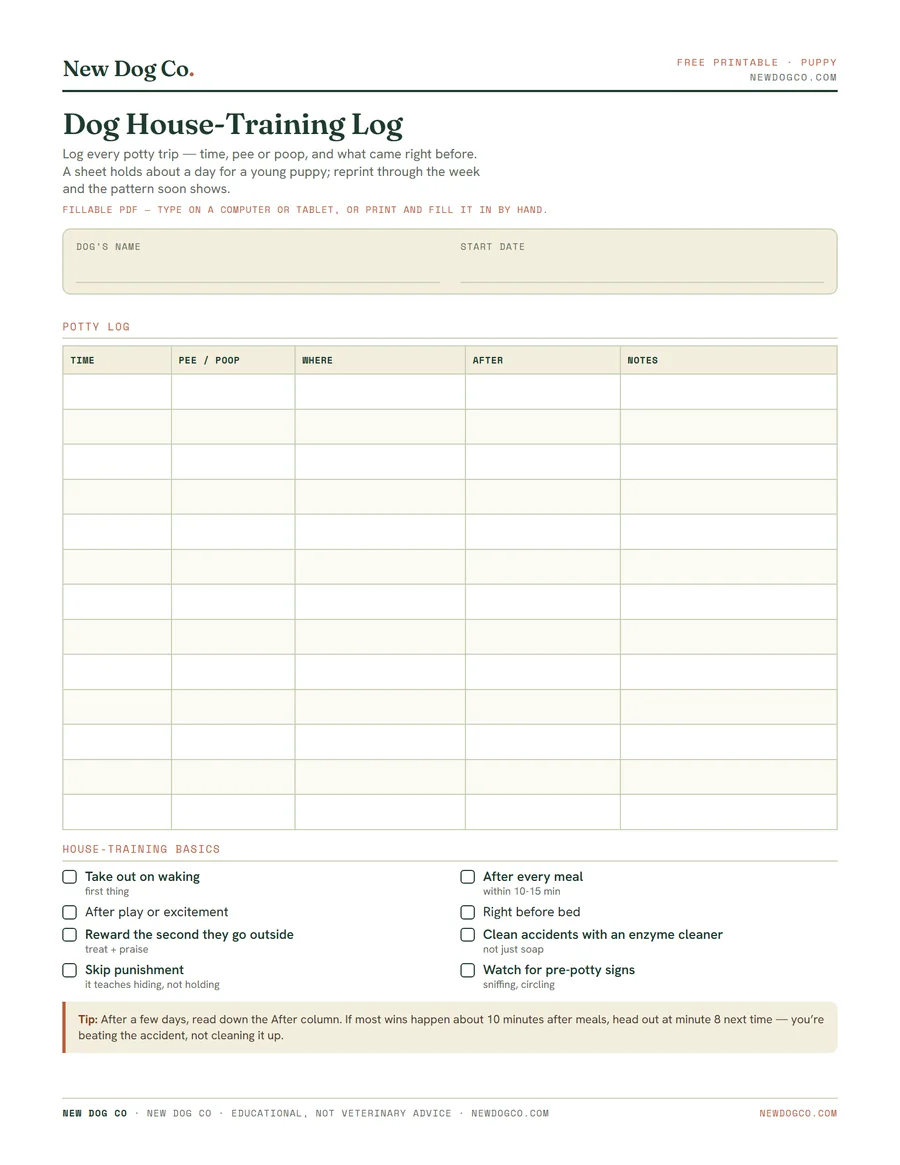 Puppy Potty Training Chart & Log — free printable PDF preview