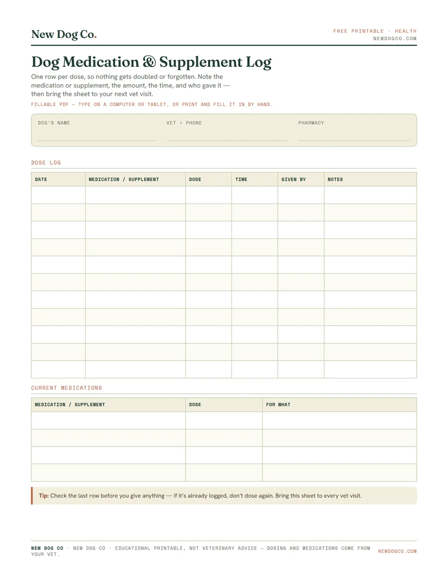 Dog Medication & Supplement Log — free printable PDF preview