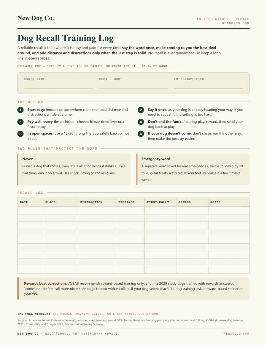 Dog Recall Training Log — free printable PDF preview