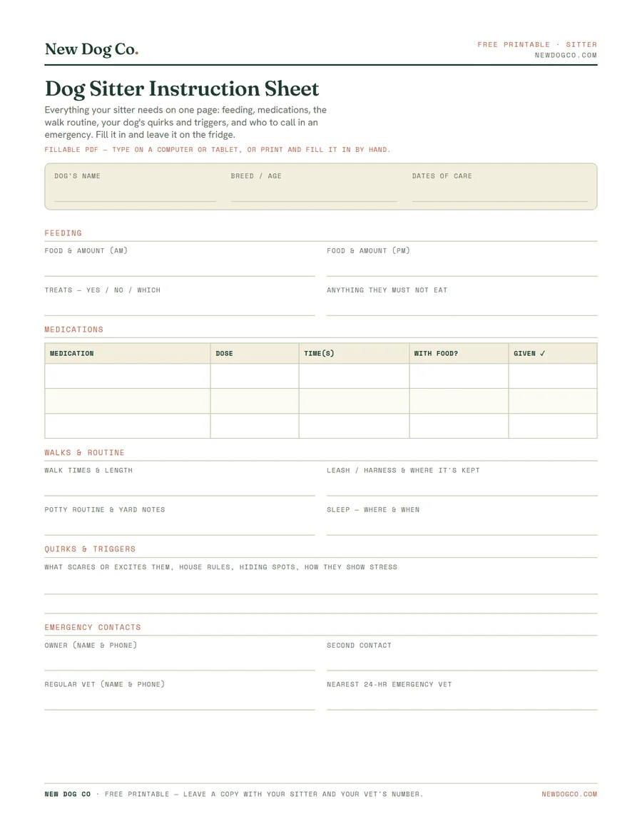 Dog Sitter Instructions — free printable PDF preview