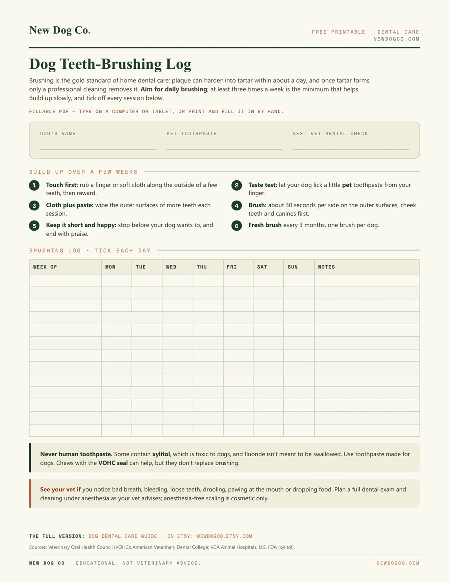 Dog Teeth-Brushing Log — free printable PDF preview