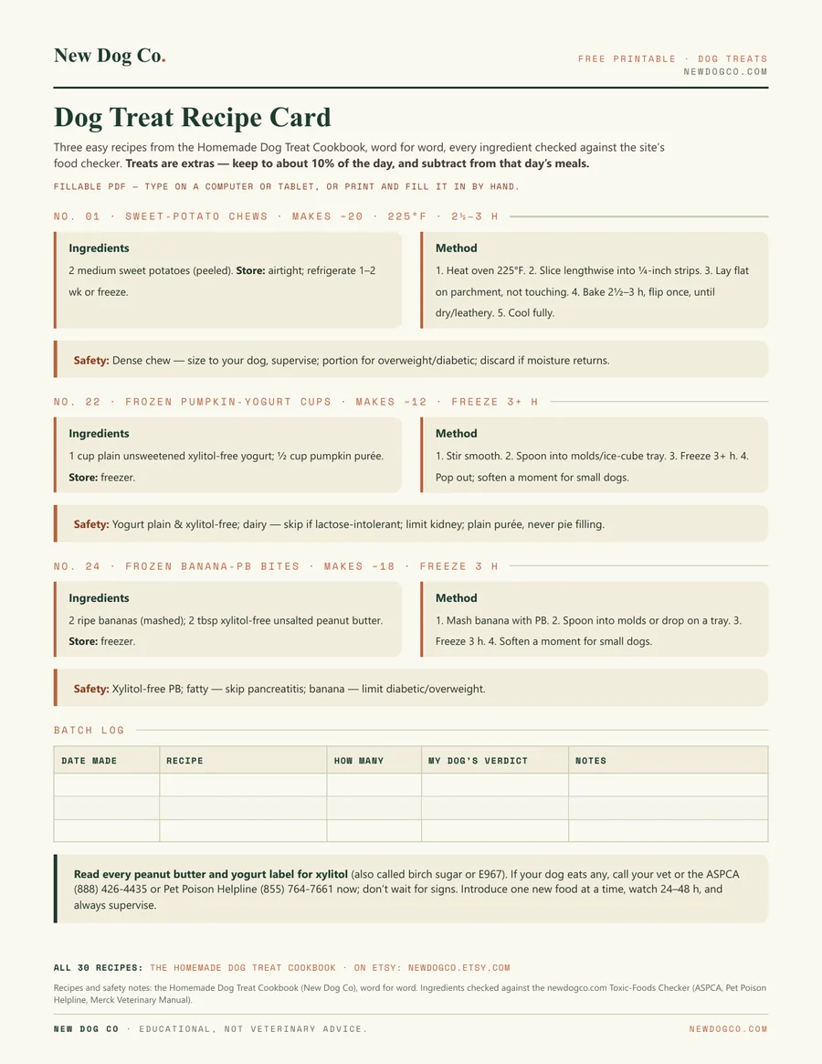 Dog Treat Recipe Card — free printable PDF preview