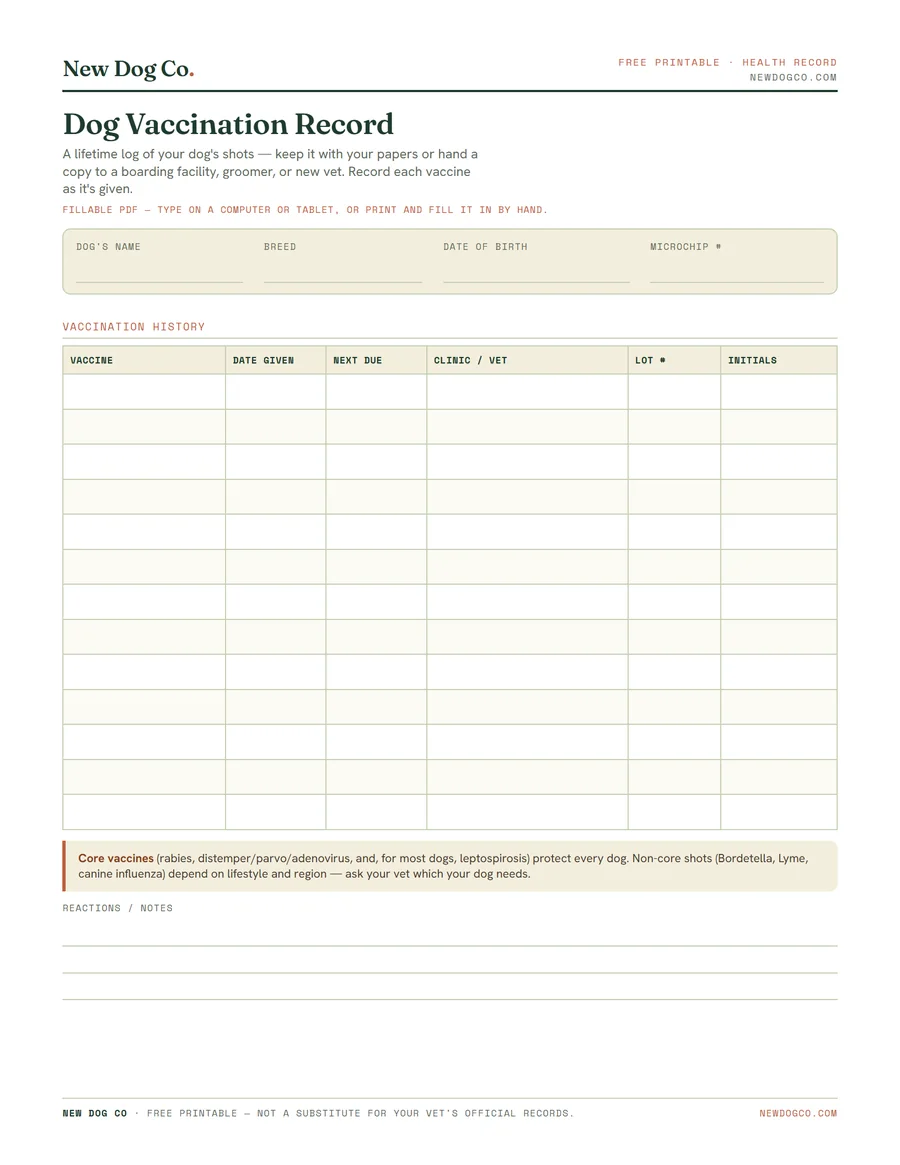 Dog Vaccination Record — free printable PDF preview