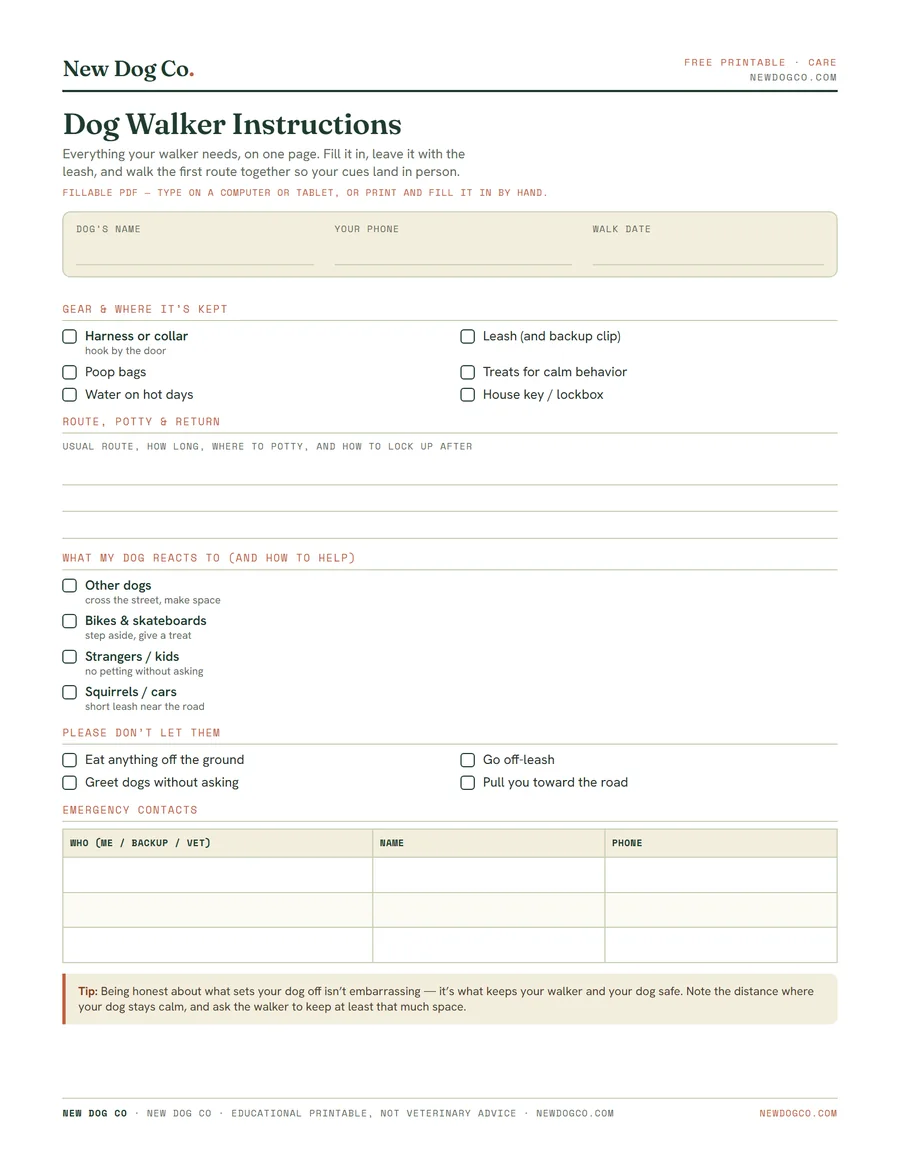 Dog Walker Instructions — free printable PDF preview