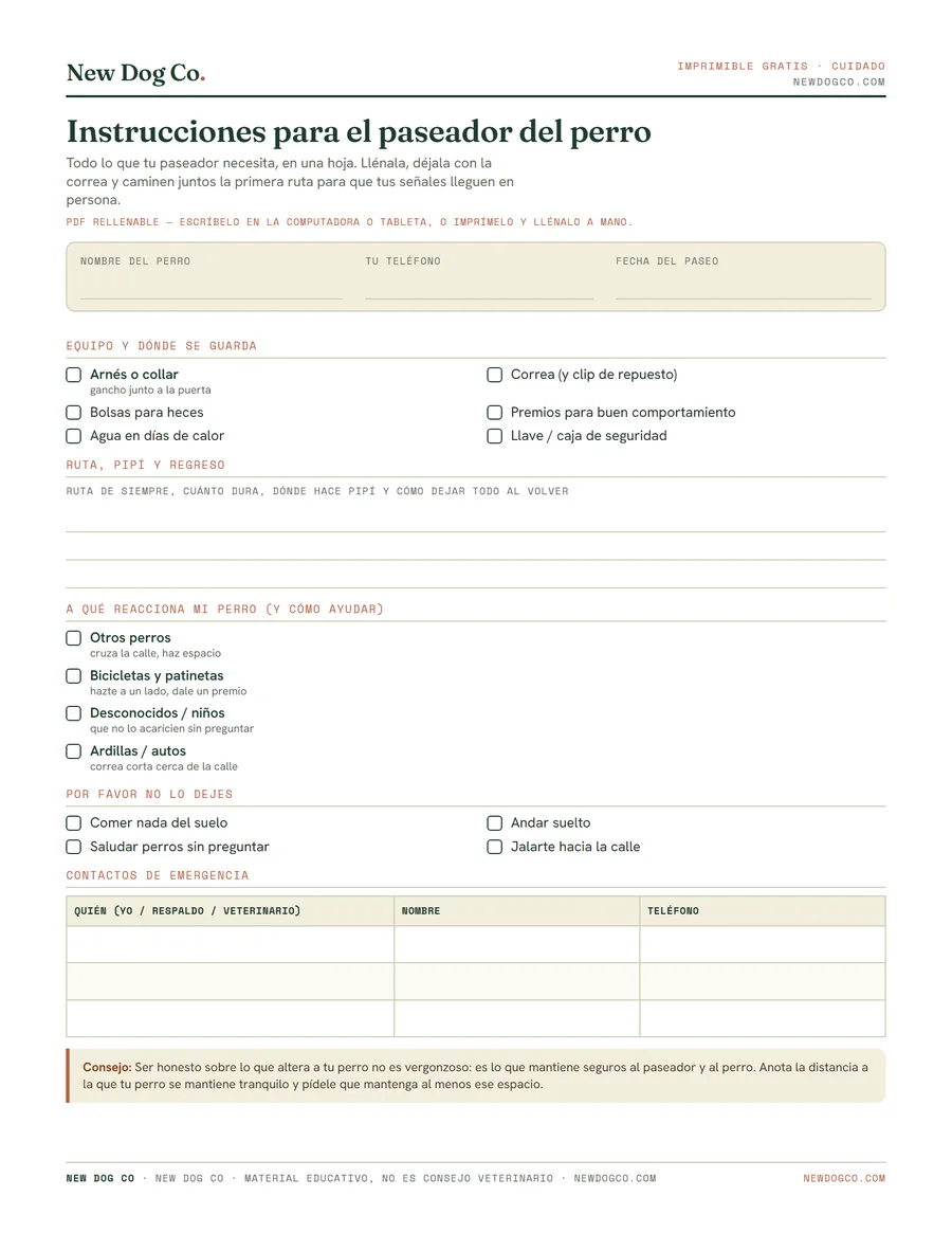 Instrucciones para el paseador del perro — vista previa del PDF imprimible