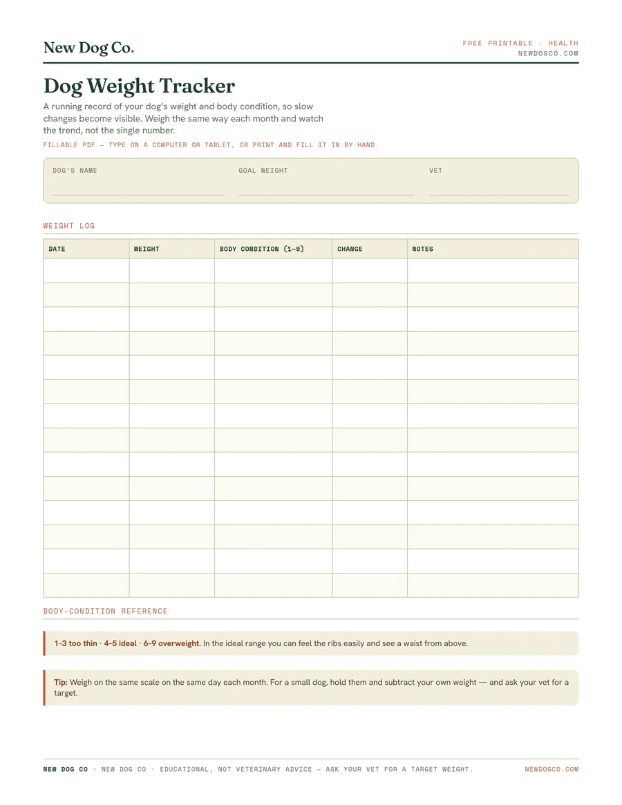 Dog Weight Tracker — free printable PDF preview