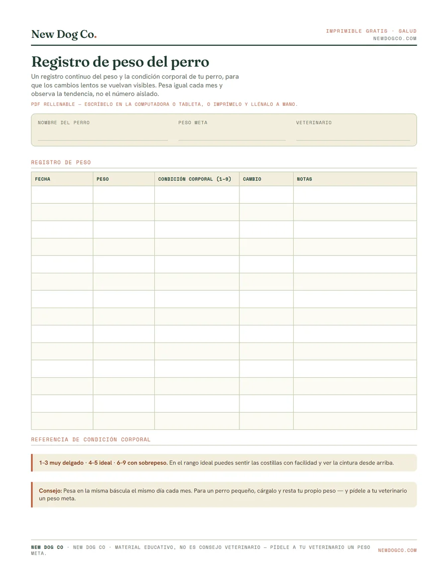 Registro de peso del perro — vista previa del PDF imprimible