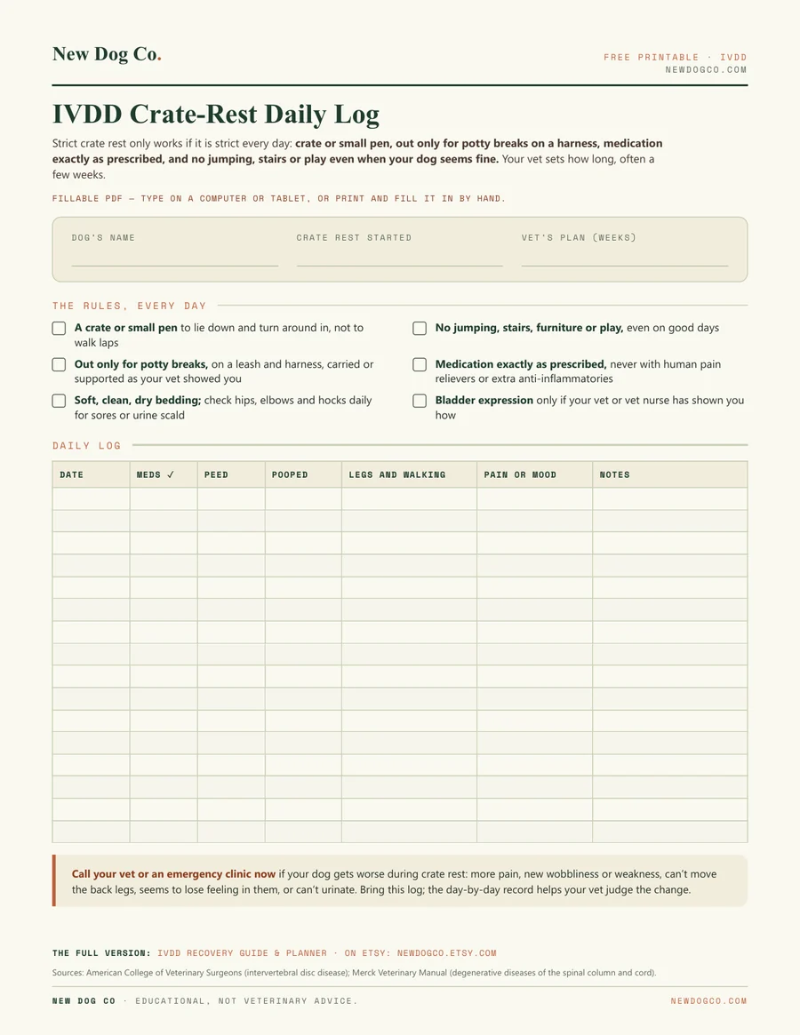 IVDD Crate-Rest Daily Log — free printable PDF preview