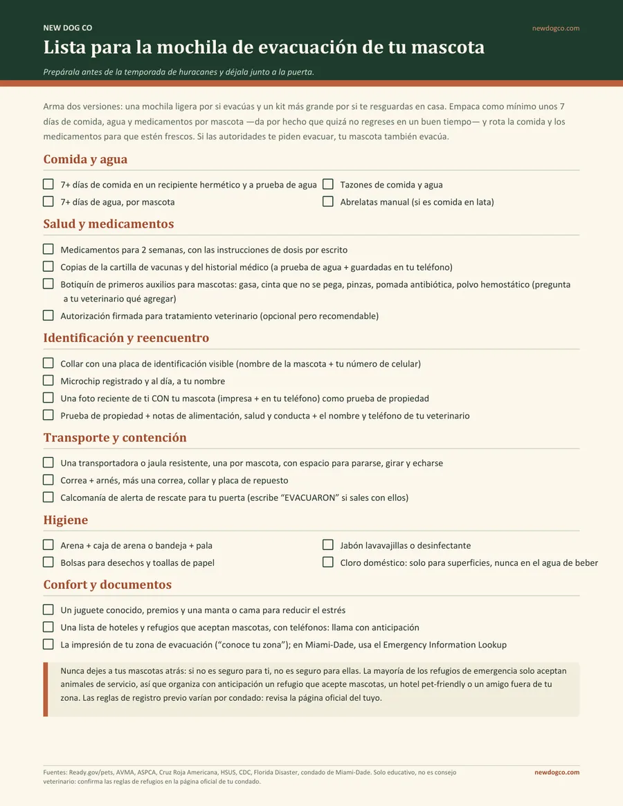 Lista para la mochila de evacuación de tu mascota: vista previa del PDF imprimible