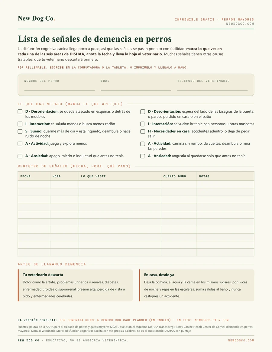 Lista de señales de demencia en perros: vista previa del PDF imprimible