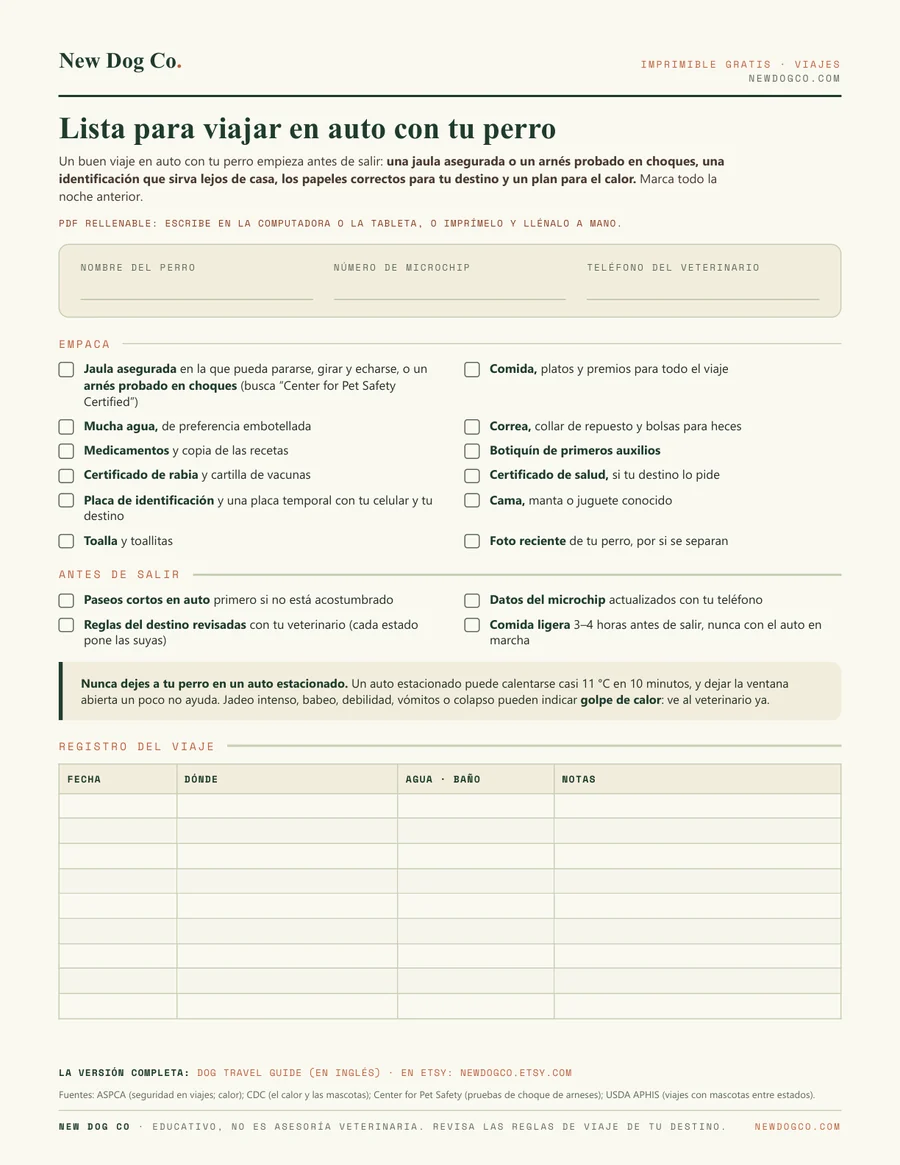 Lista para viajar en auto con tu perro: vista previa del PDF imprimible
