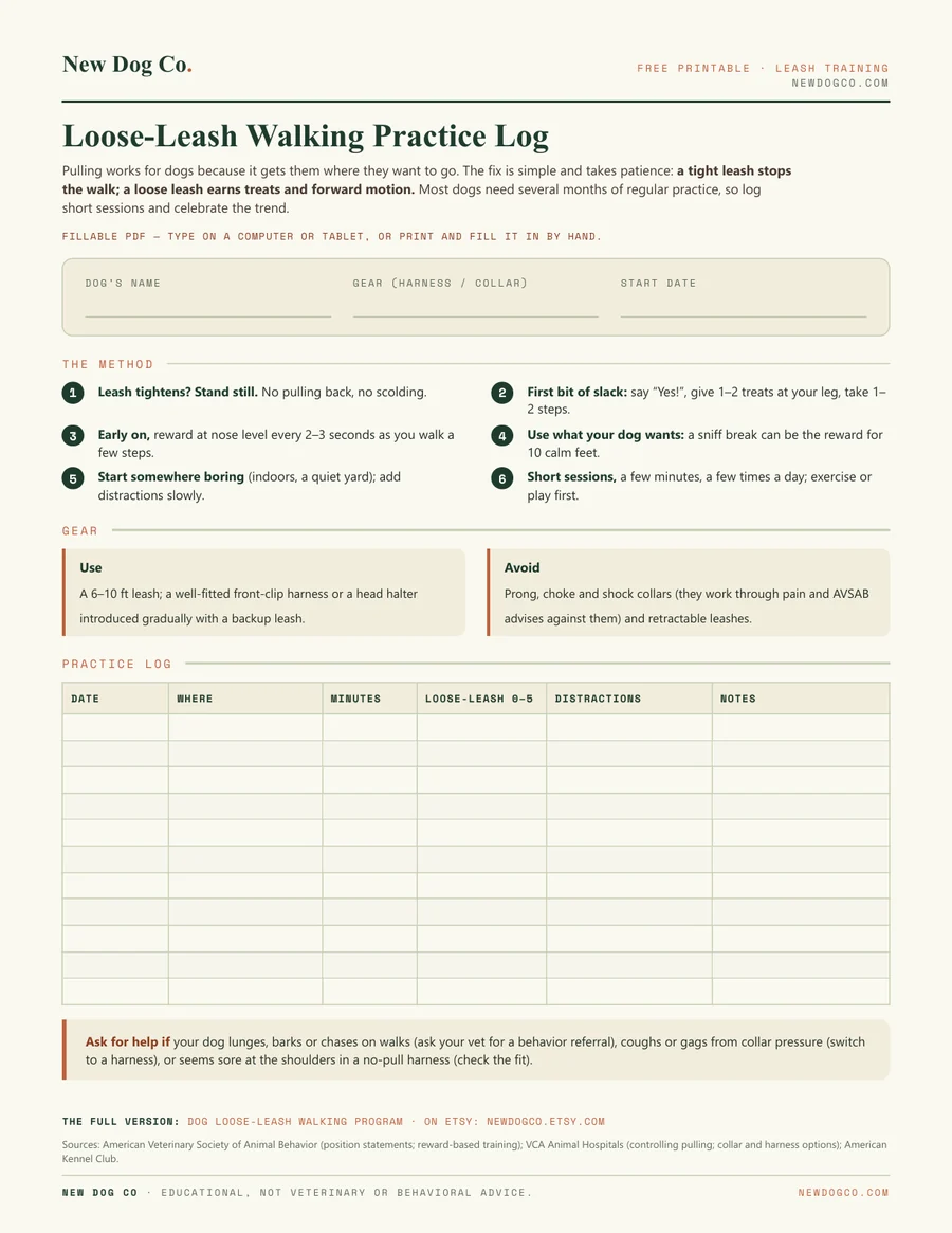 Loose-Leash Walking Practice Log — free printable PDF preview