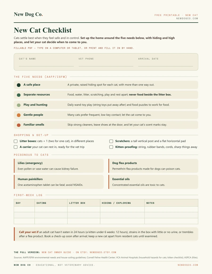 New Cat Checklist — free printable PDF preview