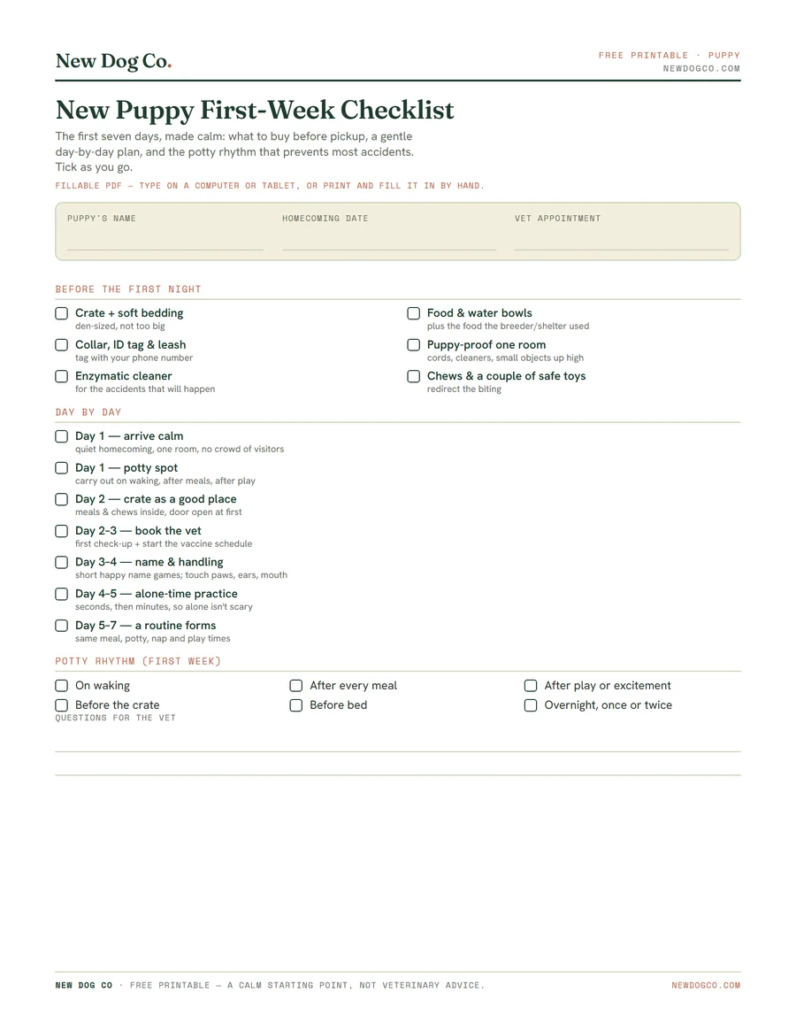 New Puppy First-Week Checklist — free printable PDF preview