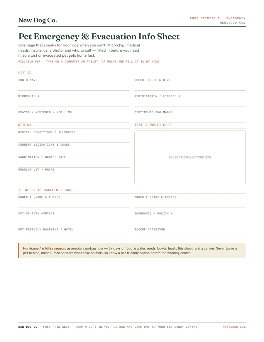 Pet Emergency & Evacuation Info Sheet — free printable PDF preview