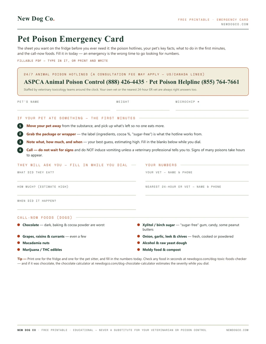 Pet Poison Emergency Card — free printable PDF preview