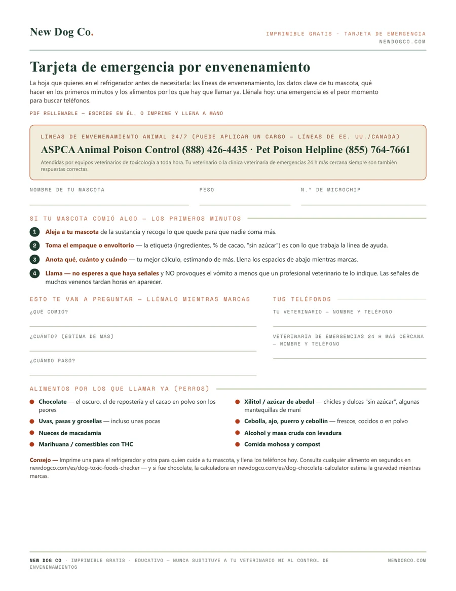 Tarjeta de emergencia por envenenamiento — vista previa del PDF imprimible