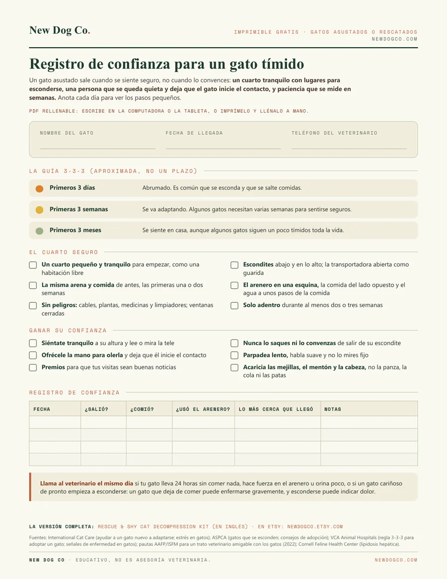 Registro de confianza para un gato tímido: vista previa del PDF imprimible