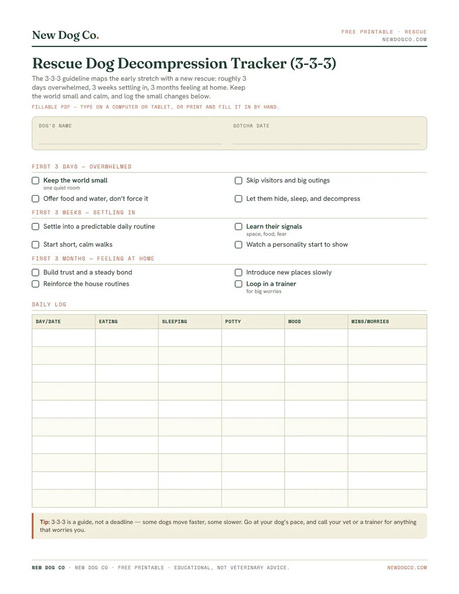 Rescue Dog Decompression Tracker (3-3-3) — free printable PDF preview