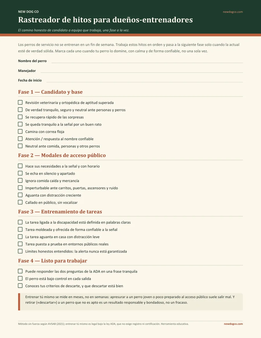 Rastreador de hitos para dueños-entrenadores — vista previa del PDF imprimible
