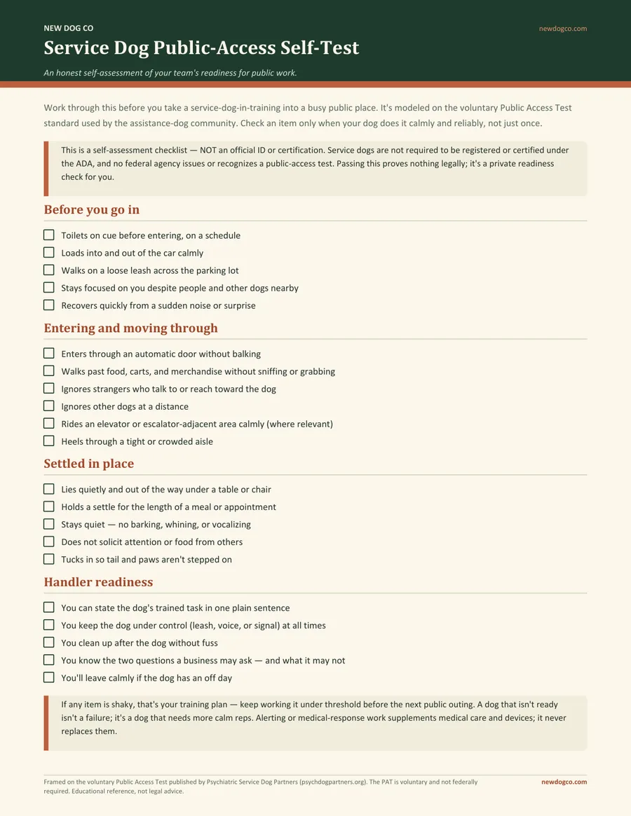 Service Dog Public-Access Self-Test — free printable PDF preview