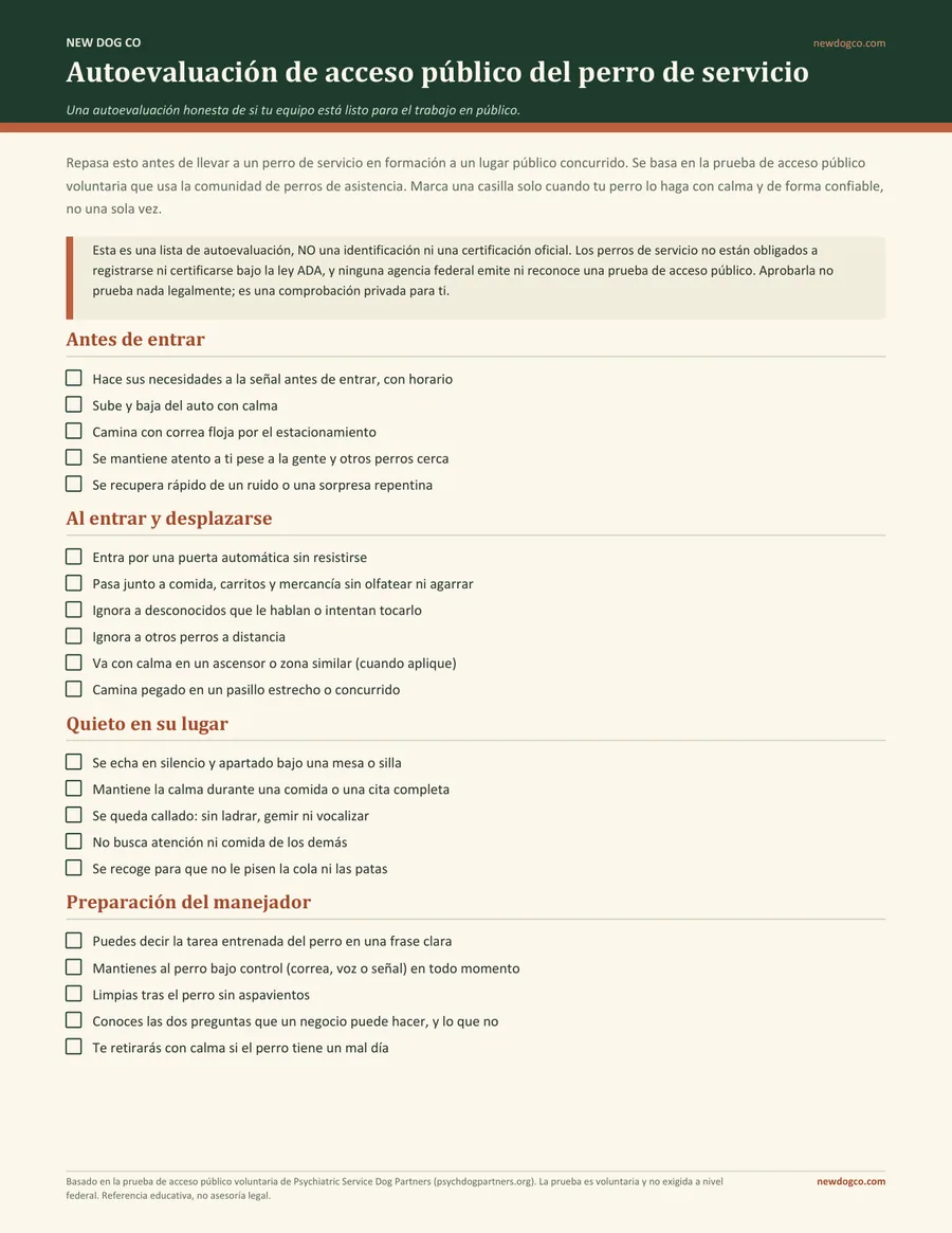 Autoevaluación de acceso público del perro de servicio — vista previa del PDF imprimible