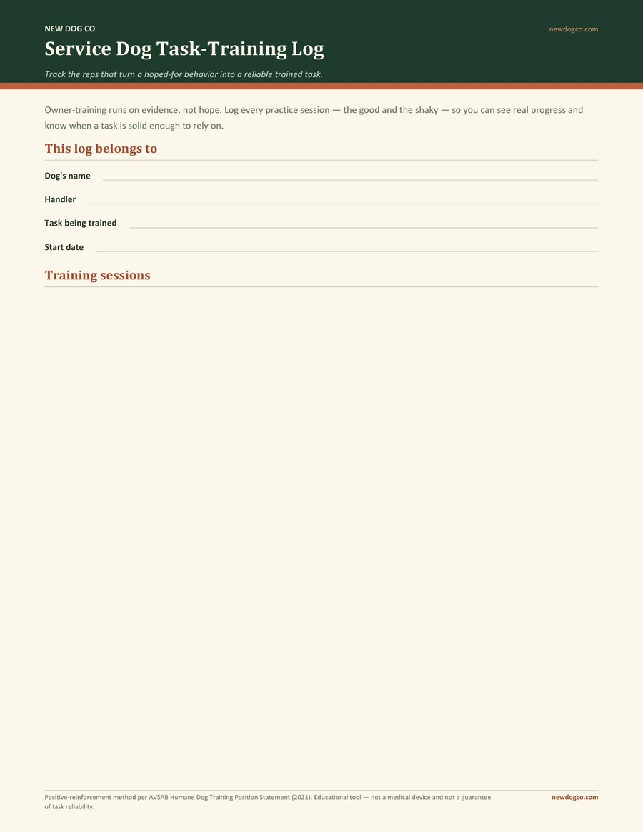 Service Dog Task-Training Log — free printable PDF preview