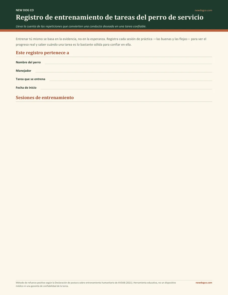 Registro de entrenamiento de tareas del perro de servicio — vista previa del PDF imprimible