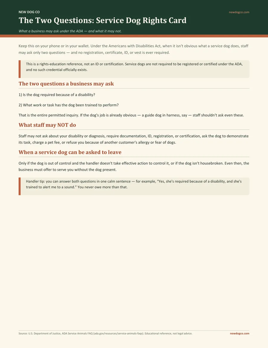 Service Dog "Two Questions" Rights Card — free printable PDF preview