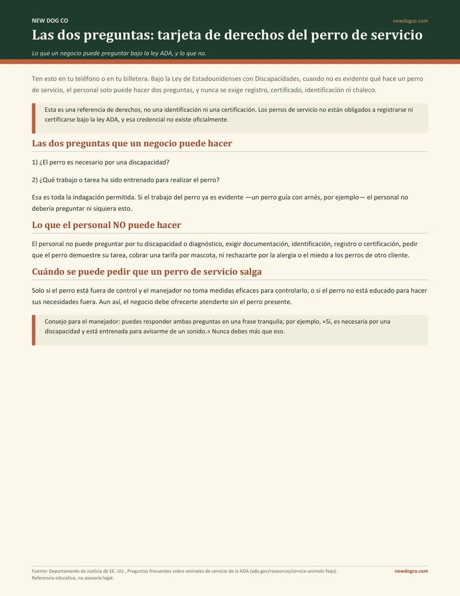 Tarjeta de derechos: las dos preguntas del perro de servicio — vista previa del PDF imprimible