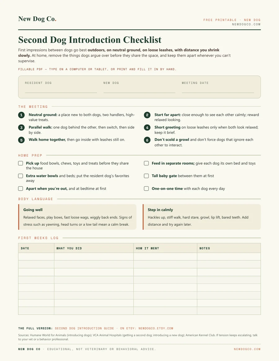Second Dog Introduction Checklist — free printable PDF preview