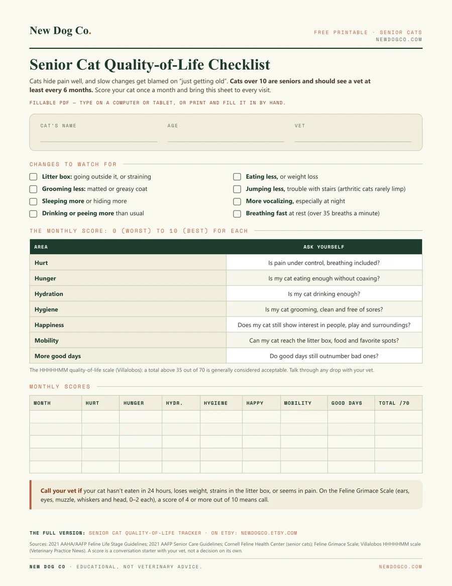 Senior Cat Quality-of-Life Checklist — free printable PDF preview