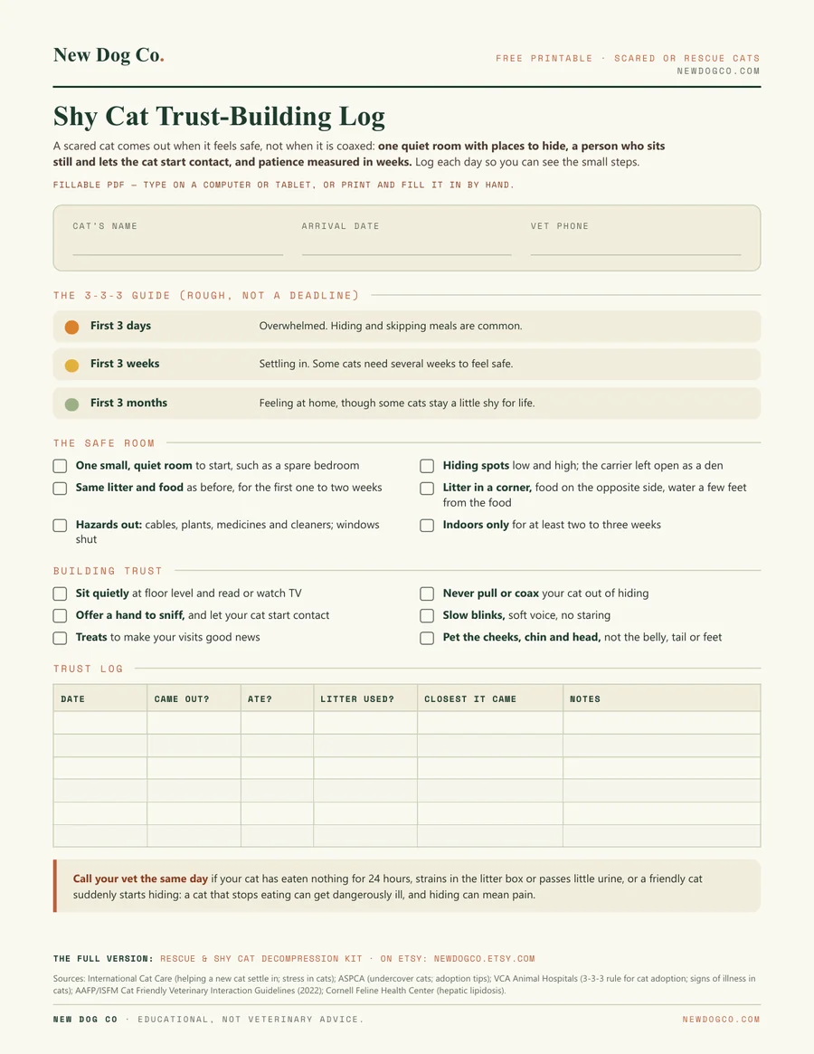 Shy Cat Trust-Building Log — free printable PDF preview