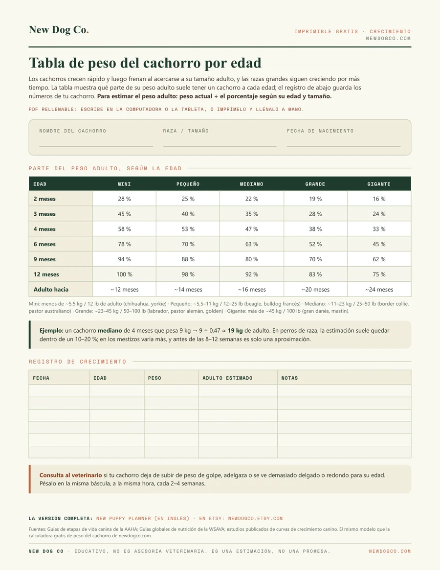 Tabla de peso del cachorro por edad: vista previa del PDF imprimible